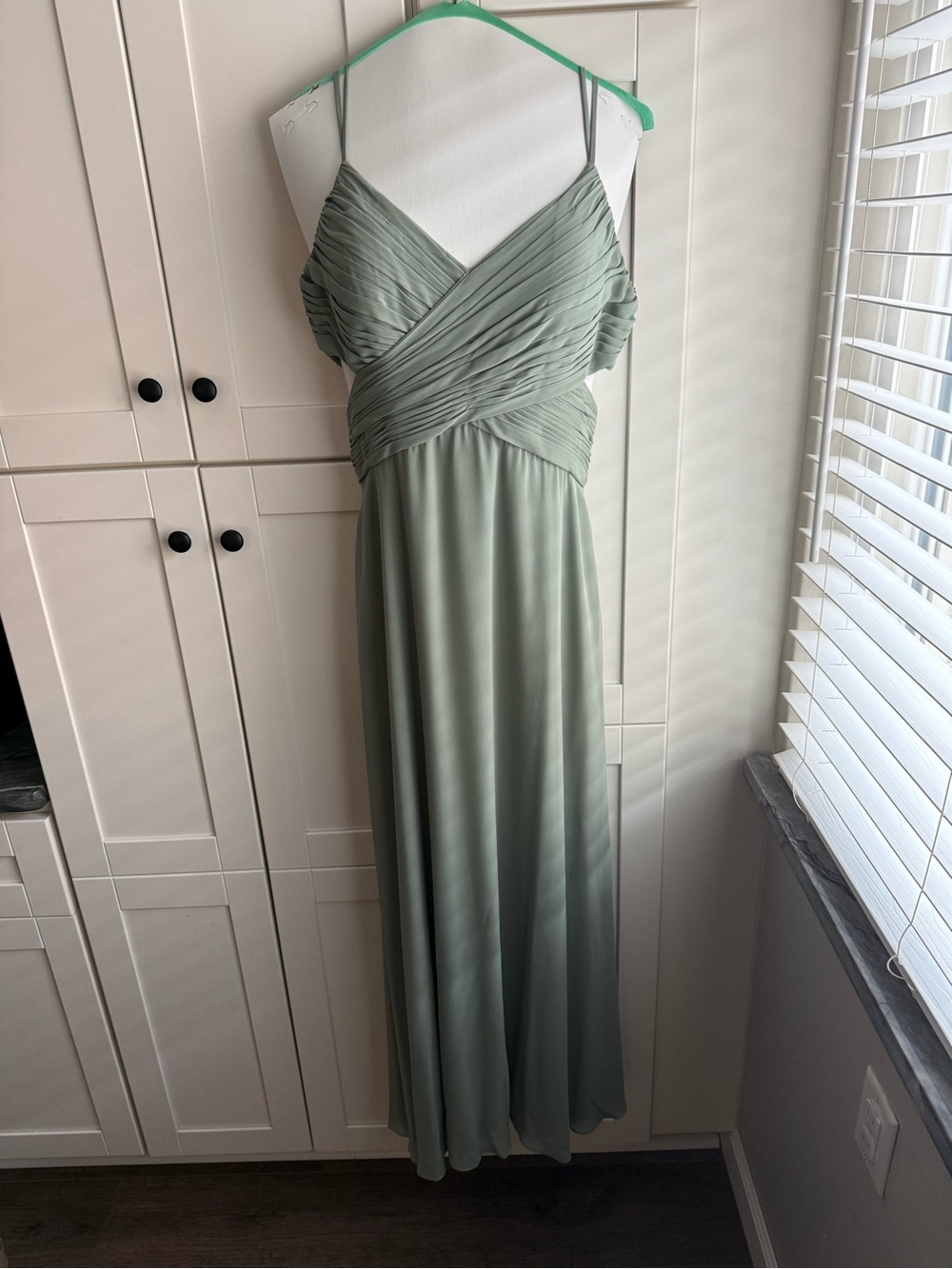 Sage Green Pleated Wrap Maxi Dress with Spaghetti Straps and side cut out